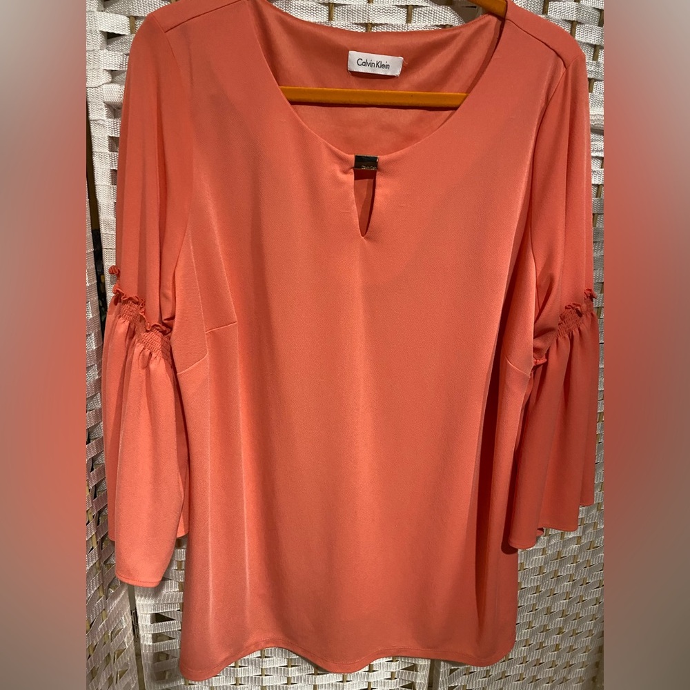 Calvin Klein Coral 3/4 Sleeve Relaxed Cut Out Blouse Size 2X 95% poly 5% spandex